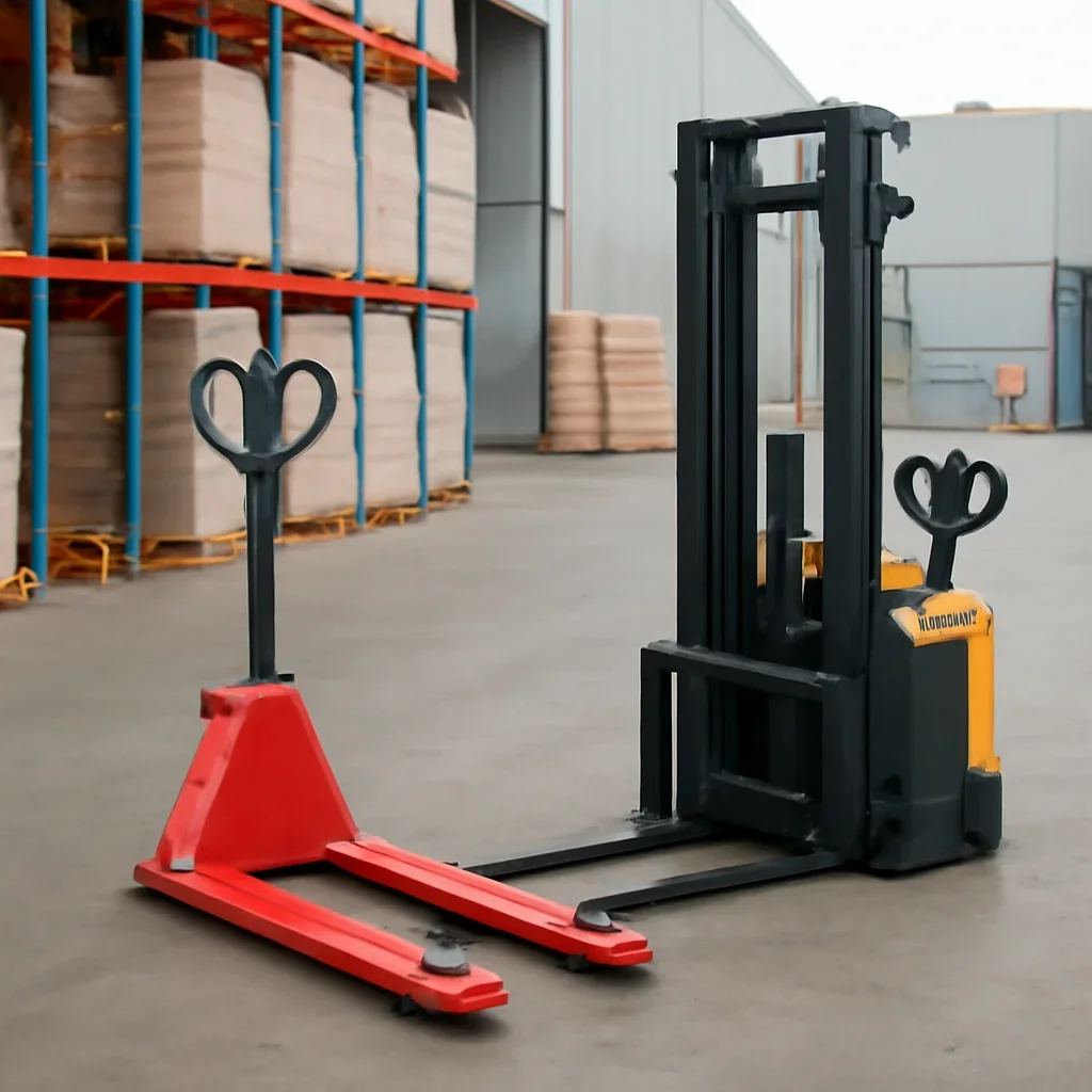 Warehouse and material handling scene related to pallet jack vs walkie stacker