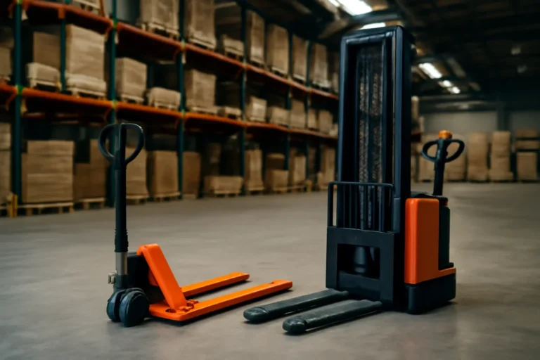 Pallet Jack vs Walkie Stacker guide in a forklift rental and warehouse context