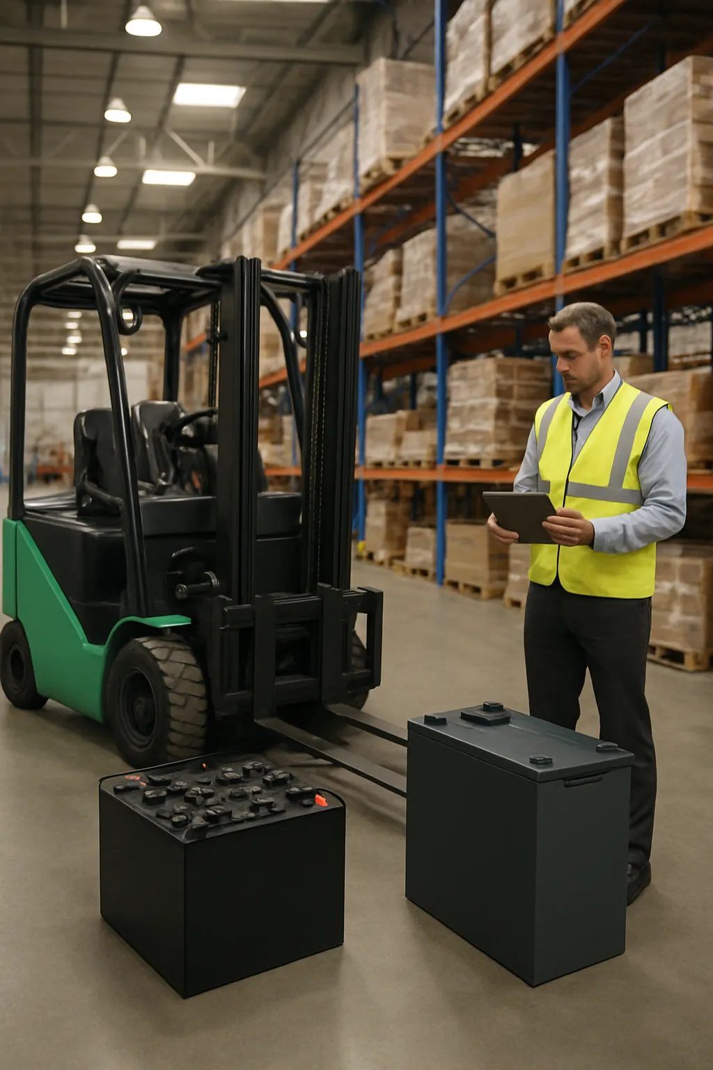 Lead-acid and lithium-ion forklift batteries being compared in a warehouse