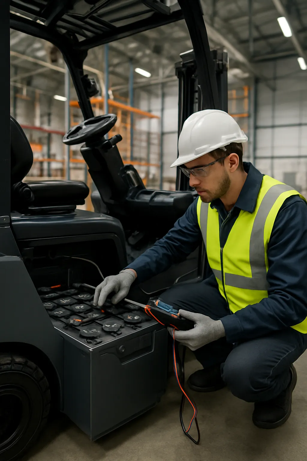 Electric forklift battery inspected for lifespan and warehouse performance