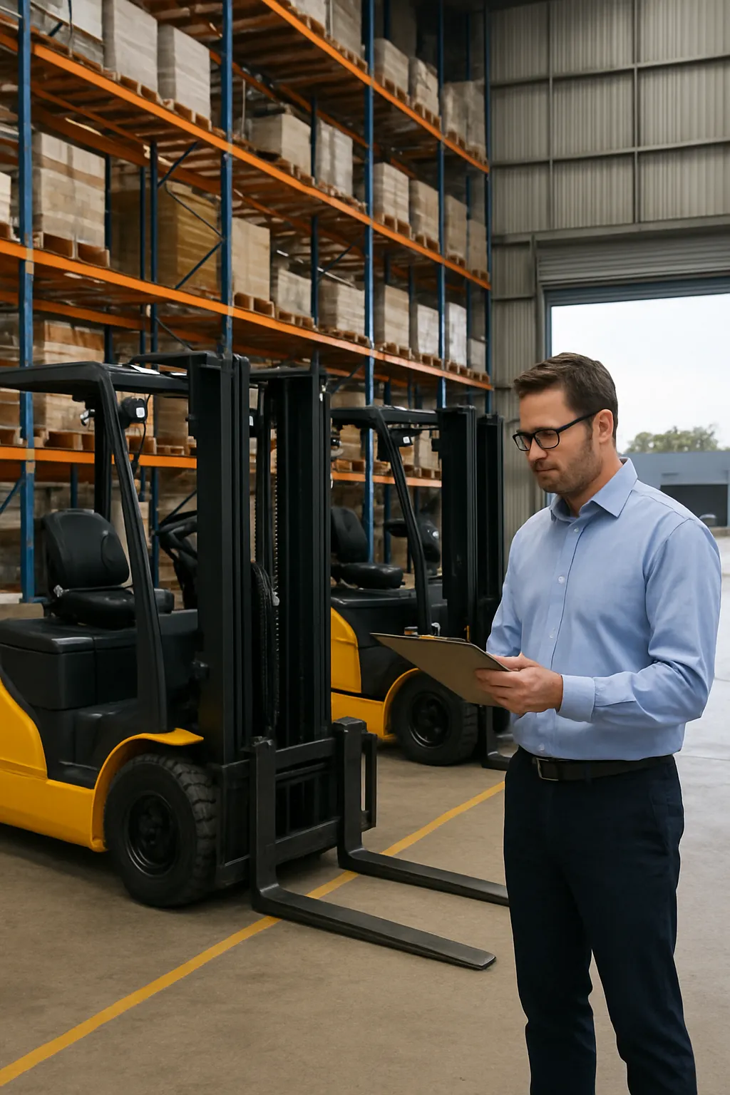 Warehouse manager comparing forklift rental and purchasing options
