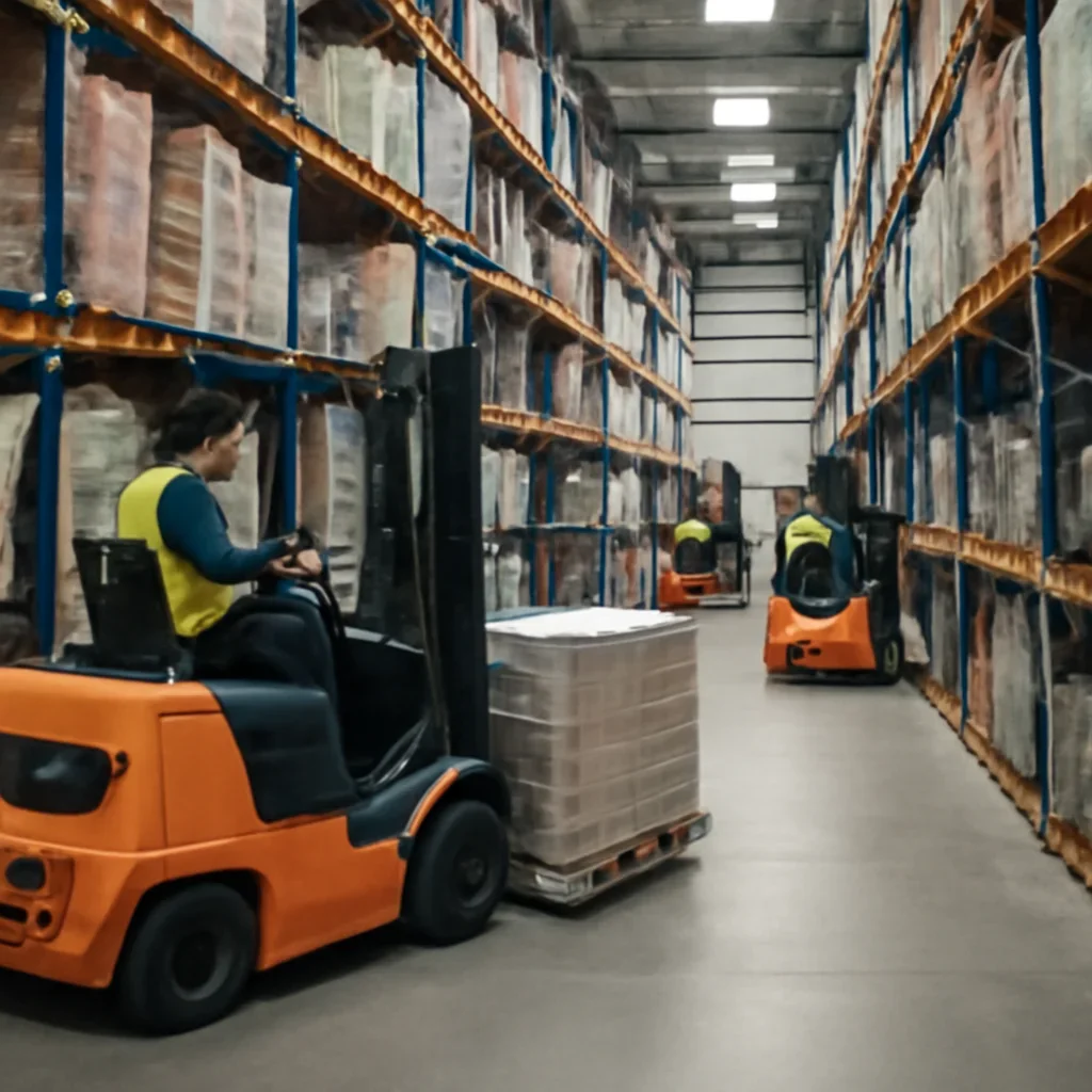 Warehouse team moving palletised stock with rental forklifts