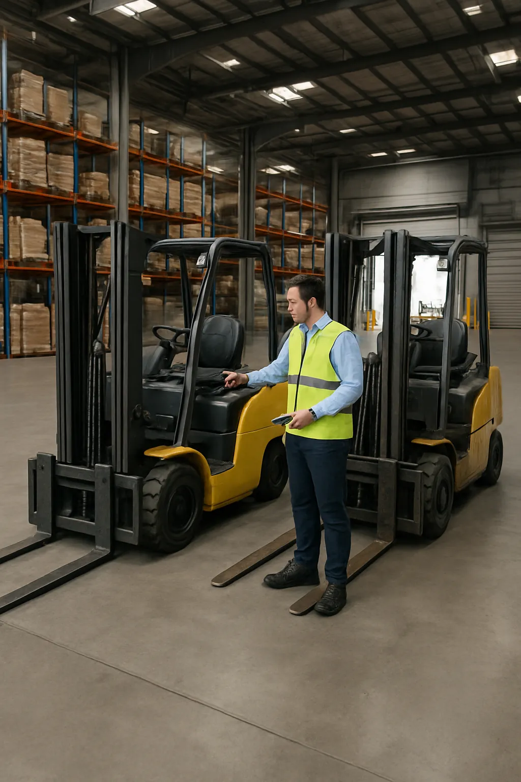 Rental and purchased forklifts being compared in a warehouse