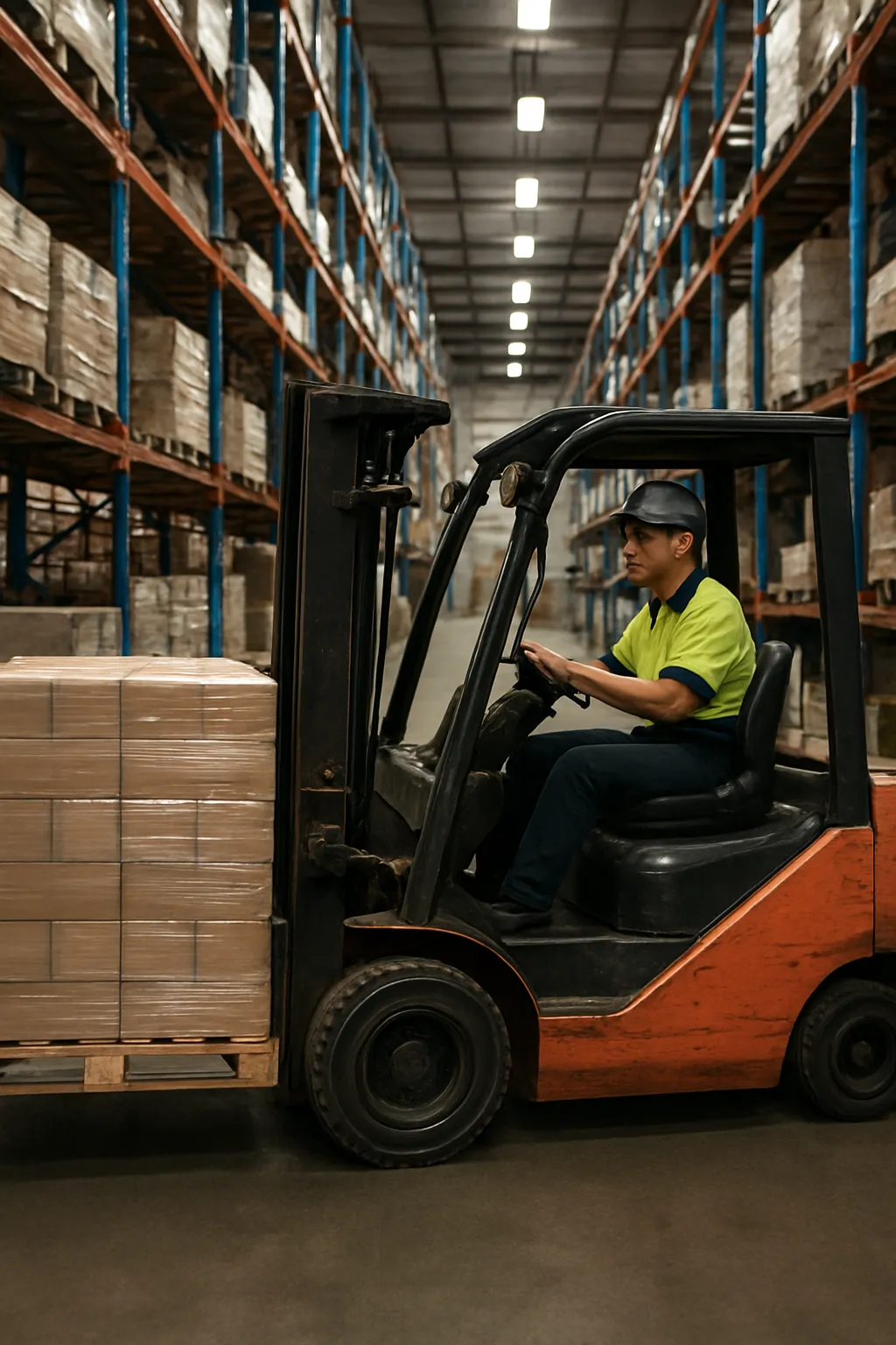 Owned forklift operating regularly in a busy warehouse